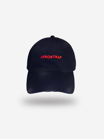 black distressed dad hat with red font on front panel