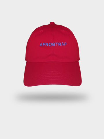 Red cotton dad hat with blue font