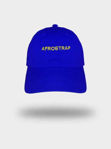 Royal blue dad hat with golden yellow font across front panel
