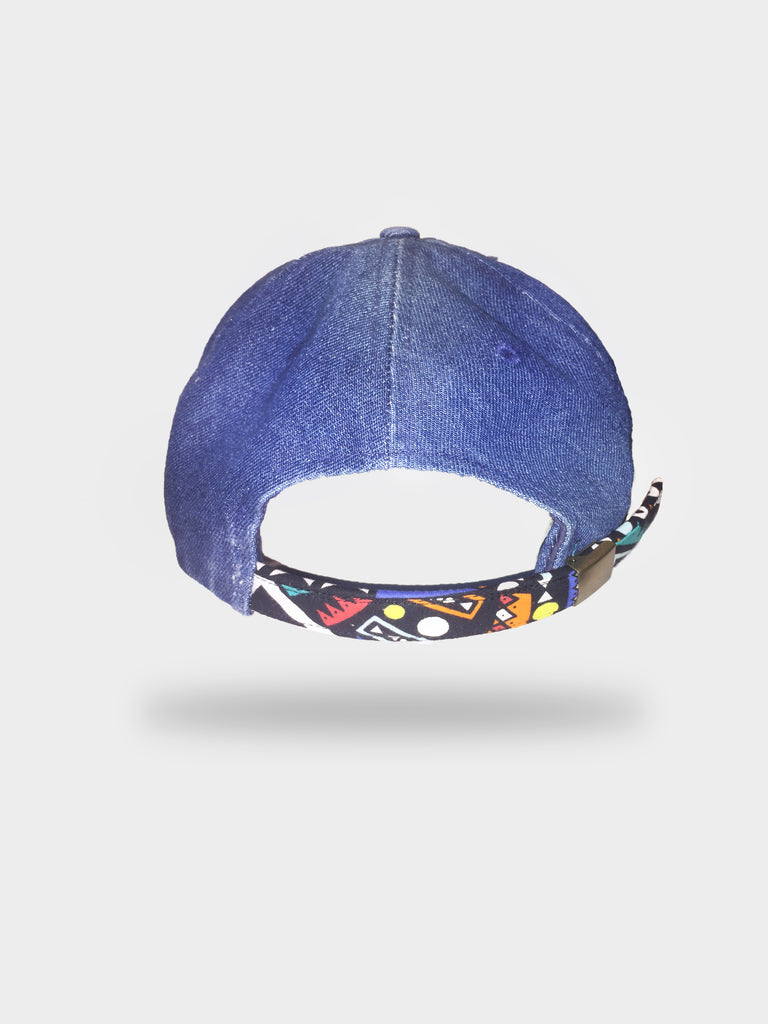 Distressed Denim Dad Hat with (Kente Cloth) Adjustable Strapback