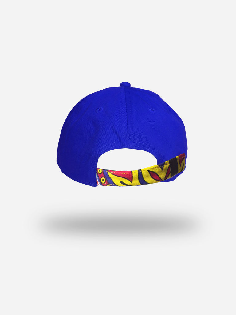 red, yellow, and navy blue kente cloth adjustable strap-back for royal blue hat