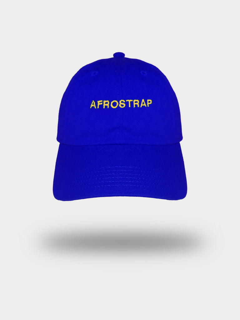 Royal blue dad hat with golden yellow font across front panel